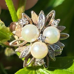 Vintage 10K 10kt solid yellow gold cluster pearls & diamonds ring size 9
